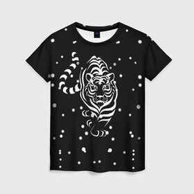 Женская футболка 3D с принтом Новый год 2022 (символ года) в Белгороде, 100% полиэфир ( синтетическое хлопкоподобное полотно) | прямой крой, круглый вырез горловины, длина до линии бедер | 2022 | зима | новый год | символ года | снег | тигр