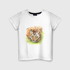 Детская футболка хлопок с принтом Портрет тигра с зелёными глазами в Белгороде, 100% хлопок | круглый вырез горловины, полуприлегающий силуэт, длина до линии бедер | 2022 | глаза | животное | зверь | китайский календарь | кошка | новый год | оранжевый | полоски | символ года | тигр | хищник