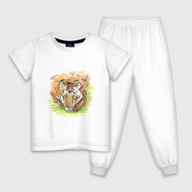 Детская пижама хлопок с принтом Портрет тигра с зелёными глазами в Белгороде, 100% хлопок |  брюки и футболка прямого кроя, без карманов, на брюках мягкая резинка на поясе и по низу штанин
 | 2022 | глаза | животное | зверь | китайский календарь | кошка | новый год | оранжевый | полоски | символ года | тигр | хищник