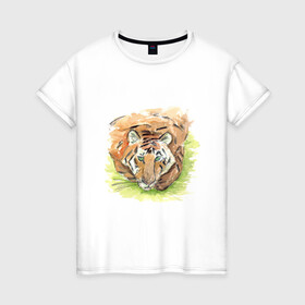 Женская футболка хлопок с принтом Портрет тигра с зелёными глазами в Белгороде, 100% хлопок | прямой крой, круглый вырез горловины, длина до линии бедер, слегка спущенное плечо | 2022 | глаза | животное | зверь | китайский календарь | кошка | новый год | оранжевый | полоски | символ года | тигр | хищник