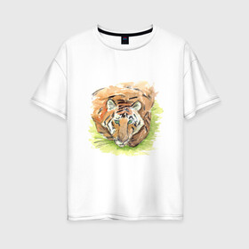 Женская футболка хлопок Oversize с принтом Портрет тигра с зелёными глазами в Белгороде, 100% хлопок | свободный крой, круглый ворот, спущенный рукав, длина до линии бедер
 | 2022 | глаза | животное | зверь | китайский календарь | кошка | новый год | оранжевый | полоски | символ года | тигр | хищник