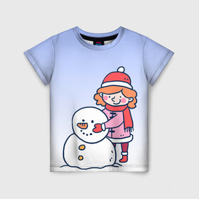 Детская футболка 3D с принтом Девочка лепит снеговика в Белгороде, 100% гипоаллергенный полиэфир | прямой крой, круглый вырез горловины, длина до линии бедер, чуть спущенное плечо, ткань немного тянется | 2022 | девочка | зима | зимние забавы | милота | рисунок | снег | снеговик | снежок | холод