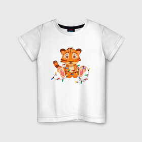 Детская футболка хлопок с принтом Тигренок в гирляндах в Белгороде, 100% хлопок | круглый вырез горловины, полуприлегающий силуэт, длина до линии бедер | 2022 | год тигра | новый год | новый год 2022 | символ года | тигр | тигренок | тигрица | тигры