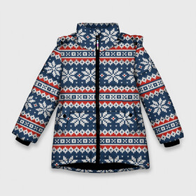 Зимняя куртка для девочек 3D с принтом Knitted Christmas Pattern в Белгороде, ткань верха — 100% полиэстер; подклад — 100% полиэстер, утеплитель — 100% полиэстер. | длина ниже бедра, удлиненная спинка, воротник стойка и отстегивающийся капюшон. Есть боковые карманы с листочкой на кнопках, утяжки по низу изделия и внутренний карман на молнии. 

Предусмотрены светоотражающий принт на спинке, радужный светоотражающий элемент на пуллере молнии и на резинке для утяжки. | christmas | holiday | knitted pattern | new year | pattern | snowflakes | texture | вязаный узор | новый год | праздник | рождество | снежинки | текстура | узор
