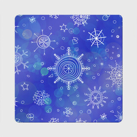 Магнит виниловый Квадрат с принтом Белые простые снежинки на синем фоне в Белгороде, полимерный материал с магнитным слоем | размер 9*9 см, закругленные углы | белые снежинки | зимний | зимний паттерн | новогодний | паттерн со снежинками | светящееся снежинки | синий фон | снегопад | снегопад на синем фоне | снежинки | снежинки карандашом