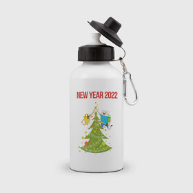 Бутылка спортивная с принтом Adventure Time 2022 Happy New Year в Белгороде, металл | емкость — 500 мл, в комплекте две пластиковые крышки и карабин для крепления | 2022 | adventure time | animation | new year | время приключений | новый год 2022