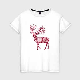 Женская футболка хлопок с принтом Снежный Олень в Белгороде, 100% хлопок | прямой крой, круглый вырез горловины, длина до линии бедер, слегка спущенное плечо | волшебный олень | животное | новый год | олень | снежинки | снежный олень