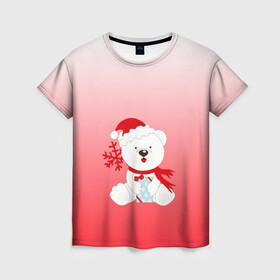 Женская футболка 3D с принтом Белый мишка с подарком в Белгороде, 100% полиэфир ( синтетическое хлопкоподобное полотно) | прямой крой, круглый вырез горловины, длина до линии бедер | белый мишка | градиент | зима | коробочка | медведь | милота | нейтральный | новый год | подарок | полярный мишка | рисунок | снежинка | сюрприз | шапочка