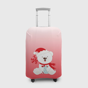 Чехол для чемодана 3D с принтом Белый мишка с подарком в Белгороде, 86% полиэфир, 14% спандекс | двустороннее нанесение принта, прорези для ручек и колес | белый мишка | градиент | зима | коробочка | медведь | милота | нейтральный | новый год | подарок | полярный мишка | рисунок | снежинка | сюрприз | шапочка