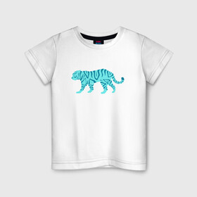 Детская футболка хлопок с принтом водяной тигр 2022 в Белгороде, 100% хлопок | круглый вырез горловины, полуприлегающий силуэт, длина до линии бедер | Тематика изображения на принте: 2022зима | blue water tiger | year of the tiger | водный тигр | год тигра | ёлка | кошка | новыйгод | синие полоски | тигр
