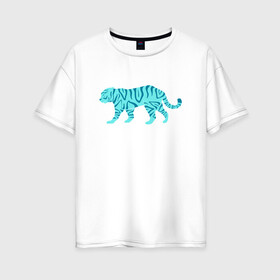 Женская футболка хлопок Oversize с принтом водяной тигр 2022 в Белгороде, 100% хлопок | свободный крой, круглый ворот, спущенный рукав, длина до линии бедер
 | 2022зима | blue water tiger | year of the tiger | водный тигр | год тигра | ёлка | кошка | новыйгод | синие полоски | тигр