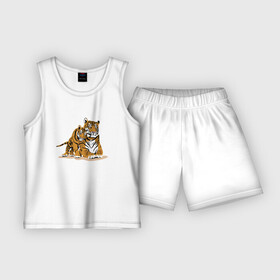 Детская пижама с шортами хлопок с принтом Тигрица с игривым тигрёнком в Белгороде,  |  | affection | muzzle | paws | skin | tail | tiger cub | tigress | лапы | ласка | тигрёнок | тигрица | хвост