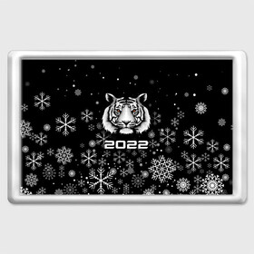 Магнит 45*70 с принтом Новогодний тиг 2022 со снежинками. в Белгороде, Пластик | Размер: 78*52 мм; Размер печати: 70*45 | 2022 | merry christmas | год тигра | нг | новогодний тигр | новогодняя символика | новый год | рождество | символ 2022 года | снежинки | тигр