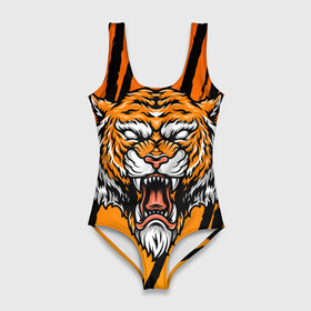 Купальник-боди 3D с принтом Разгневанный тигр (голова) в Белгороде, 82% полиэстер, 18% эластан | Круглая горловина, круглый вырез на спине | tiger | восточный тигр | год тигра | голова тигра | кошка | тигр | тигренок | хищник