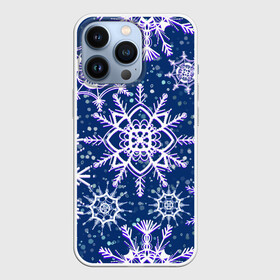 Чехол для iPhone 13 Pro с принтом Белые снежинки на темно синем фоне в Белгороде,  |  | белое на темном | белые снежинки | зима | зимний мотив | зимний паттерн | зимний узор | зимняя | падают снежинки | паттерн снежинки | снег | снегопад | снежинки | снежная | темно синий