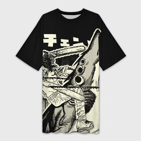 Платье-футболка 3D с принтом Человек бензопила и Демон акула в Белгороде,  |  | chainsaw man | power | аниме | бензопила | демон бензопилы | дэнджи | манга | охотник на демонов | пауэр | почита | человекбензопила