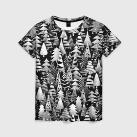 Женская футболка 3D с принтом Лес абстрактных ёлок в Белгороде, 100% полиэфир ( синтетическое хлопкоподобное полотно) | прямой крой, круглый вырез горловины, длина до линии бедер | абстракция | ёлка | ель | лес | новогодний | новый год | паттерн | рождество | снег | снежинки | чернобелый