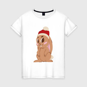 Женская футболка хлопок с принтом Новогодний зайчик 2022 в Белгороде, 100% хлопок | прямой крой, круглый вырез горловины, длина до линии бедер, слегка спущенное плечо | 2022 | заяц | кролик | новый год