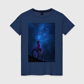 Женская футболка хлопок с принтом Взгляд на небо в Белгороде, 100% хлопок | прямой крой, круглый вырез горловины, длина до линии бедер, слегка спущенное плечо | в топе | в тренде | велосипед | звезды | космос | небо | романтика | синий