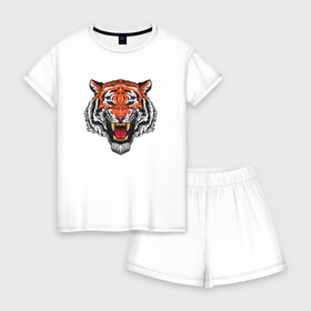 Женская пижама с шортиками хлопок с принтом Сердитый тигр 2022 год в Белгороде, 100% хлопок | футболка прямого кроя, шорты свободные с широкой мягкой резинкой | 2022 год тигра | год тигра | китайский | новый год | полосатый | с принтом тигра | с символом | с тигром | сердитый | тигр