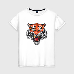 Женская футболка хлопок с принтом Сердитый тигр 2022 год в Белгороде, 100% хлопок | прямой крой, круглый вырез горловины, длина до линии бедер, слегка спущенное плечо | 2022 год тигра | год тигра | китайский | новый год | полосатый | с принтом тигра | с символом | с тигром | сердитый | тигр