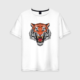 Женская футболка хлопок Oversize с принтом Сердитый тигр 2022 год в Белгороде, 100% хлопок | свободный крой, круглый ворот, спущенный рукав, длина до линии бедер
 | Тематика изображения на принте: 2022 год тигра | год тигра | китайский | новый год | полосатый | с принтом тигра | с символом | с тигром | сердитый | тигр
