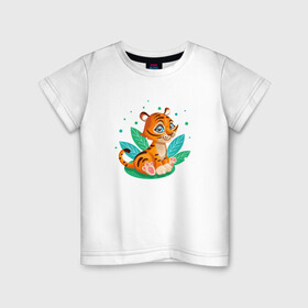 Детская футболка хлопок с принтом Тигренок на кувшинке в Белгороде, 100% хлопок | круглый вырез горловины, полуприлегающий силуэт, длина до линии бедер | 2022 | год тигра | новый год | новый год 2022 | символ года | тигр | тигренок | тигрица | тигры