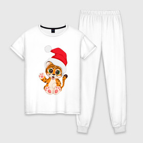 Женская пижама хлопок с принтом Новый год (тигренок) в Белгороде, 100% хлопок | брюки и футболка прямого кроя, без карманов, на брюках мягкая резинка на поясе и по низу штанин | 2022 | год тигра | новогодний тигр | новый год | рождество | символ 2022 года | снежинки | тигр