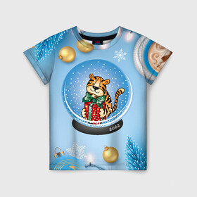 Детская футболка 3D с принтом Тигренок в новогоднем шаре в Белгороде, 100% гипоаллергенный полиэфир | прямой крой, круглый вырез горловины, длина до линии бедер, чуть спущенное плечо, ткань немного тянется | 2022 | год тигра | новый год | новый год 2022 | символ года | тигр | тигренок | тигрица | тигры