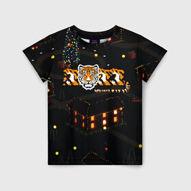Детская футболка 3D с принтом Ночной новогодний город 2022 год тигра в Белгороде, 100% гипоаллергенный полиэфир | прямой крой, круглый вырез горловины, длина до линии бедер, чуть спущенное плечо, ткань немного тянется | Тематика изображения на принте: 2022 | год тигра | новый год | новый год 2022 | символ года | тигр | тигренок | тигрица | тигры