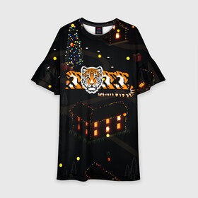 Детское платье 3D с принтом Ночной новогодний город 2022 год тигра в Белгороде, 100% полиэстер | прямой силуэт, чуть расширенный к низу. Круглая горловина, на рукавах — воланы | 2022 | год тигра | новый год | новый год 2022 | символ года | тигр | тигренок | тигрица | тигры
