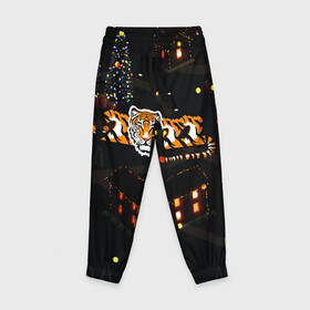 Детские брюки 3D с принтом Ночной новогодний город 2022 год тигра в Белгороде, 100% полиэстер | манжеты по низу, эластичный пояс регулируется шнурком, по бокам два кармана без застежек, внутренняя часть кармана из мелкой сетки | 2022 | год тигра | новый год | новый год 2022 | символ года | тигр | тигренок | тигрица | тигры