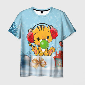 Мужская футболка 3D с принтом Тигренок жует жвачку в Белгороде, 100% полиэфир | прямой крой, круглый вырез горловины, длина до линии бедер | 2022 | год тигра | новый год | новый год 2022 | символ года | тигр | тигренок | тигрица | тигры