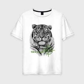 Женская футболка хлопок Oversize с принтом Год белого тигра 2022 в Белгороде, 100% хлопок | свободный крой, круглый ворот, спущенный рукав, длина до линии бедер
 | 2022 | tiger | year of the tiger | белый тигр | год 2022 | год под прицелом | год тигра | новогодний тигр | новый год | тигр