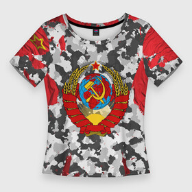 Женская футболка 3D Slim с принтом USSR (camouflage) в Белгороде,  |  | camouflage | coat of arms | khaki | patriot | red machine | russia | russian | tourist | ussr | герб | камуфляж | красная машина | патриот | россия | русский | ссср | турист | хаки