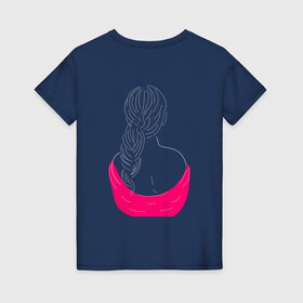 Женская футболка хлопок с принтом Девушка спиной в Белгороде, 100% хлопок | прямой крой, круглый вырез горловины, длина до линии бедер, слегка спущенное плечо | девочка | девушка | длинные волосы | женщина | косы | леди | прическа | романтика