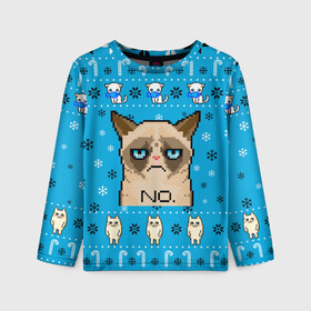 Детский лонгслив 3D с принтом Grumpy КОТ МЕМ НОВОГОДНИЙ в Белгороде, 100% полиэстер | длинные рукава, круглый вырез горловины, полуприлегающий силуэт
 | 2021 | 2022 | cat | christmas | mem | merry | merry christmas | new year | snow | sweater | ugly christmas | winter | зима | кис | киска | кот | котейка | котик | коты | котяра | кошка | кошки | мем | мемы | новогодний | новогодняя | новый 