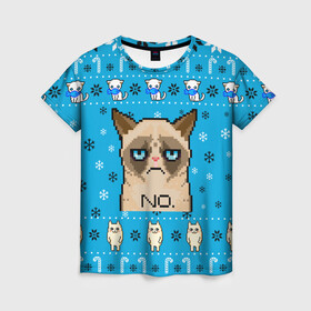 Женская футболка 3D с принтом Grumpy КОТ МЕМ НОВОГОДНИЙ в Белгороде, 100% полиэфир ( синтетическое хлопкоподобное полотно) | прямой крой, круглый вырез горловины, длина до линии бедер | 2021 | 2022 | cat | christmas | mem | merry | merry christmas | new year | snow | sweater | ugly christmas | winter | зима | кис | киска | кот | котейка | котик | коты | котяра | кошка | кошки | мем | мемы | новогодний | новогодняя | новый 
