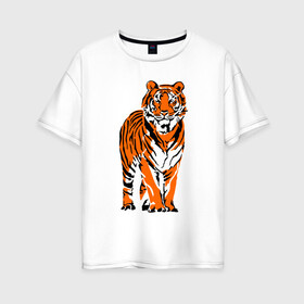 Женская футболка хлопок Oversize с принтом Тигр в джунглях в Белгороде, 100% хлопок | свободный крой, круглый ворот, спущенный рукав, длина до линии бедер
 | 2022 | big cat | happy new year | jungle | palms | predator | tiger | year of the tiger | большая кошка | год тигра | джунгли | пальмы | с новым годом | тигр | хищник