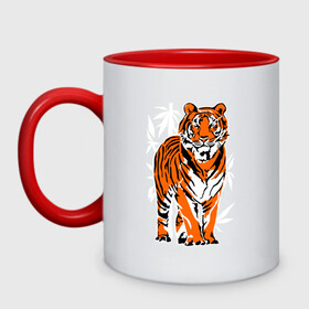 Кружка двухцветная с принтом Тигр в джунглях в Белгороде, керамика | объем — 330 мл, диаметр — 80 мм. Цветная ручка и кайма сверху, в некоторых цветах — вся внутренняя часть | Тематика изображения на принте: 2022 | big cat | happy new year | jungle | palms | predator | tiger | year of the tiger | большая кошка | год тигра | джунгли | пальмы | с новым годом | тигр | хищник