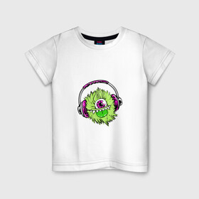 Детская футболка хлопок с принтом Монстр звука в Белгороде, 100% хлопок | круглый вырез горловины, полуприлегающий силуэт, длина до линии бедер | аудио | звук | монстр | монстрик | музыка | мультфильм | наушники | слушать