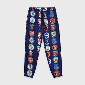 Детские брюки 3D с принтом АПЛ Английская Премьер Лига логотипы в Белгороде, 100% полиэстер | манжеты по низу, эластичный пояс регулируется шнурком, по бокам два кармана без застежек, внутренняя часть кармана из мелкой сетки | Тематика изображения на принте: английская | апл | значки | клубы | команды | лого | логотипы | премьер лига