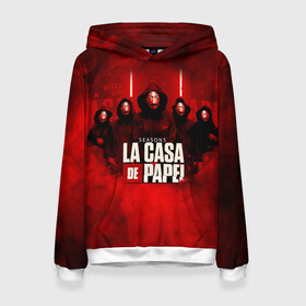 Женская толстовка 3D с принтом БУМАЖНЫЙ ДОМ - LA CASA DE PAPEL - BELLA CIAO в Белгороде, 100% полиэстер  | двухслойный капюшон со шнурком для регулировки, мягкие манжеты на рукавах и по низу толстовки, спереди карман-кенгуру с мягким внутренним слоем. | bella ciao | la casa de papel | бумажный дом | ла каса де | ла каса де папель | ла каса де пепел | лакаса | сериал | фильм