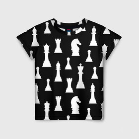 Детская футболка 3D с принтом Белые шахматные фигуры в Белгороде, 100% гипоаллергенный полиэфир | прямой крой, круглый вырез горловины, длина до линии бедер, чуть спущенное плечо, ткань немного тянется | Тематика изображения на принте: checkmate | chess | chess board | chess game | chess pieces | chess player | chessboard | gambit | game | king | pawn | queen | гамбит | игра | король | мат | партия | ферзь | фигуры | шахматист | шахматы