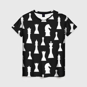 Женская футболка 3D с принтом Белые шахматные фигуры в Белгороде, 100% полиэфир ( синтетическое хлопкоподобное полотно) | прямой крой, круглый вырез горловины, длина до линии бедер | checkmate | chess | chess board | chess game | chess pieces | chess player | chessboard | gambit | game | king | pawn | queen | гамбит | игра | король | мат | партия | ферзь | фигуры | шахматист | шахматы
