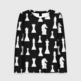 Женский лонгслив 3D с принтом Белые шахматные фигуры в Белгороде, 100% полиэстер | длинные рукава, круглый вырез горловины, полуприлегающий силуэт | Тематика изображения на принте: checkmate | chess | chess board | chess game | chess pieces | chess player | chessboard | gambit | game | king | pawn | queen | гамбит | игра | король | мат | партия | ферзь | фигуры | шахматист | шахматы