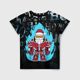 Детская футболка 3D с принтом Санта в супер броне в Белгороде, 100% гипоаллергенный полиэфир | прямой крой, круглый вырез горловины, длина до линии бедер, чуть спущенное плечо, ткань немного тянется | 2021 | 2022 | christmas | happy | merry | merry christmas | new year | santa | snow | sweater | ugly christmas | winter | железный | зима | новогодний | новогодняя | новый год | рождественский | рождественский свитер | рождество | санта | с