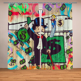 Фотошторы с принтом Alec Monopoly ART в Белгороде, Блэкаут (светозащита 90%) / Габардин (светозащита 40% | 2 полотна шириной по 145 см; Высота 200-300 см; Крепление: шторная лента (на крючки); | алек монополи арт | баксы | бернарде мейдоффе | граффити | доллары | личный самолет | мужчина с усами | уличное искусство | художник алек