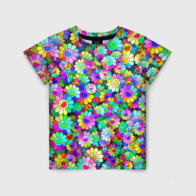 Детская футболка 3D с принтом Rainbow flowers в Белгороде, 100% гипоаллергенный полиэфир | прямой крой, круглый вырез горловины, длина до линии бедер, чуть спущенное плечо, ткань немного тянется | takashi murakami | паттерн | радуга | смайл | такаси мураками | улыбка | цветы