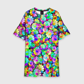 Детское платье 3D с принтом Rainbow flowers в Белгороде, 100% полиэстер | прямой силуэт, чуть расширенный к низу. Круглая горловина, на рукавах — воланы | takashi murakami | паттерн | радуга | смайл | такаси мураками | улыбка | цветы